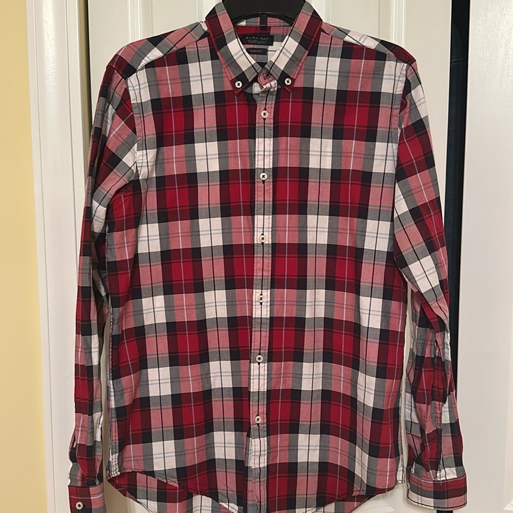 Zara Man Slim Fit Plaid Button Down Shirt Red Blue White Men's Size L - Picture 2 of 7